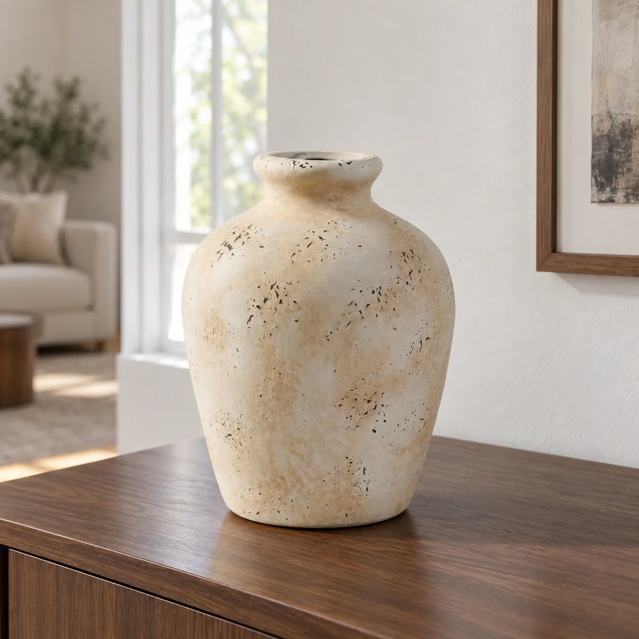 Whole cream speckled vase standing on a walnut console