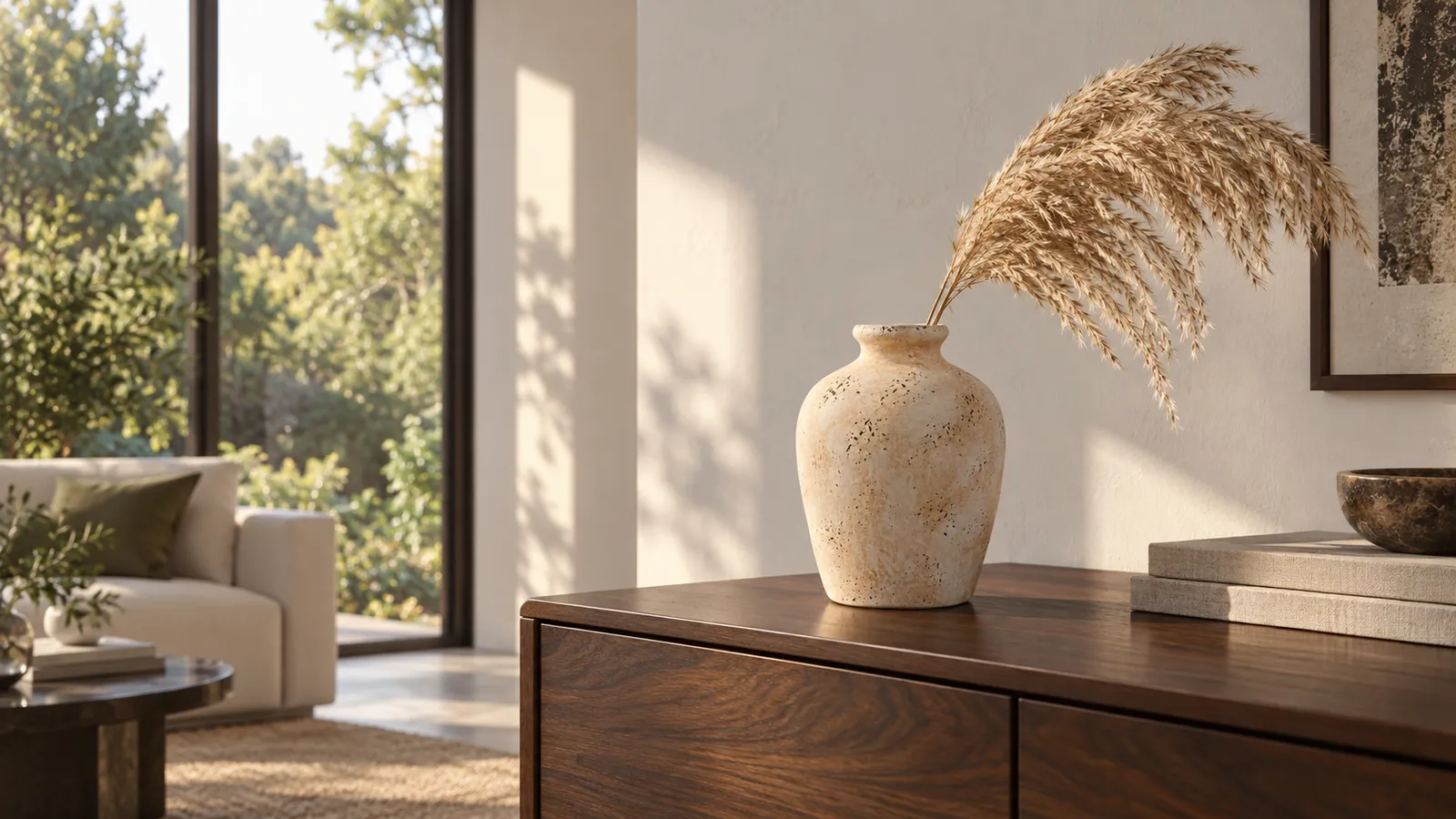 A speckled rounded vase on a walnut sideboard in a sunlit living room. Stems and furniture are styling props.
