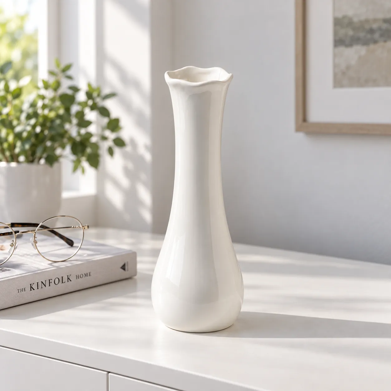 White Scallop Vase - room styling; other objects not included