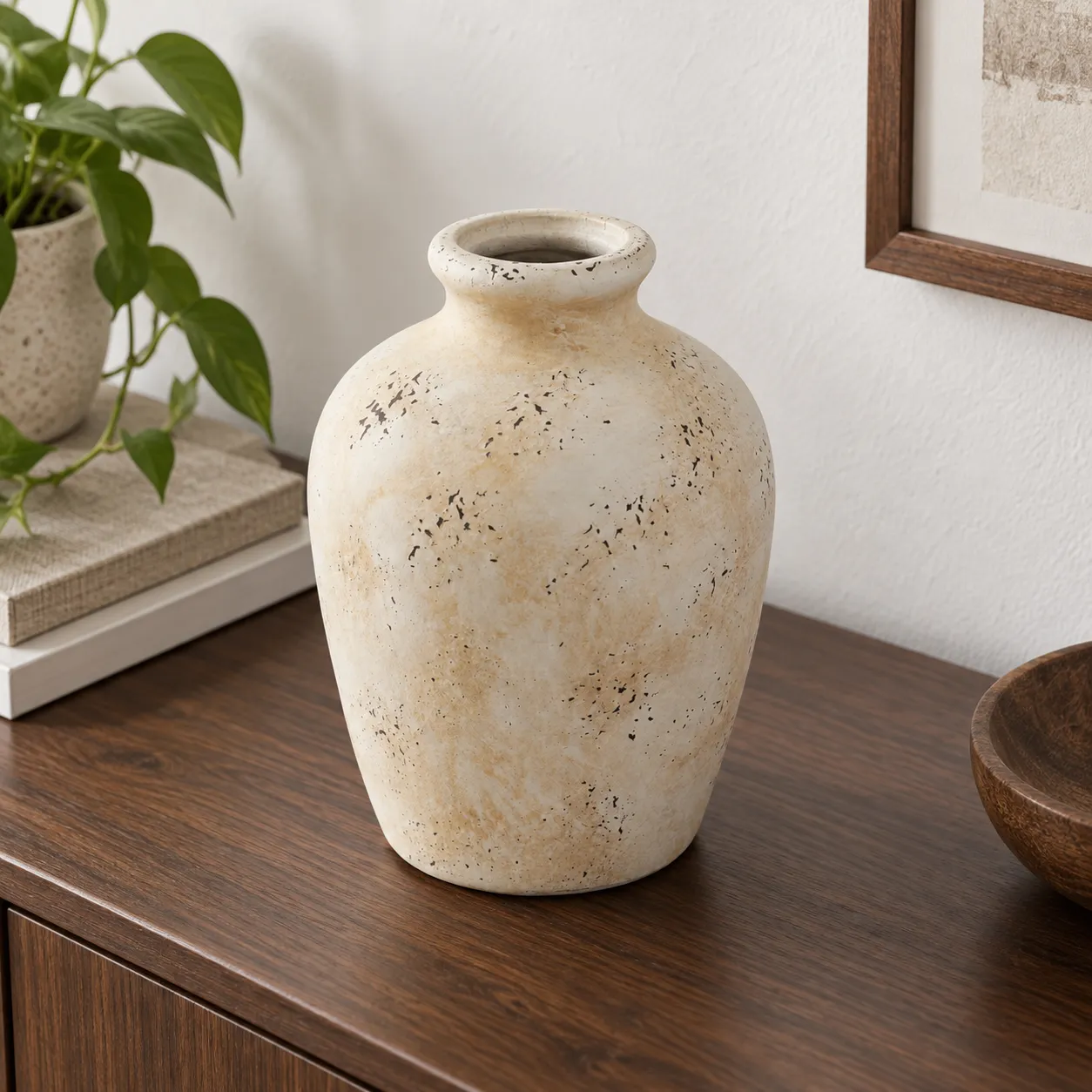 Elevated view revealing the vase opening and outward-curved lip
